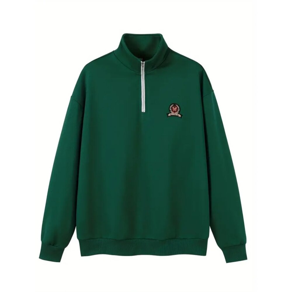 Embroidered Zip Neck Knit Sweatshirt | Soft & Stretchy Loose Fit |